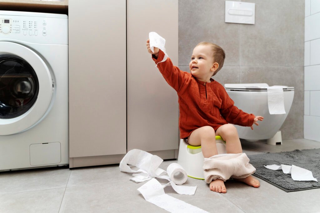 Toddler learning to use a child-sized potty in a bright, nature-inspired, Reggio Emilia-inspired learning space